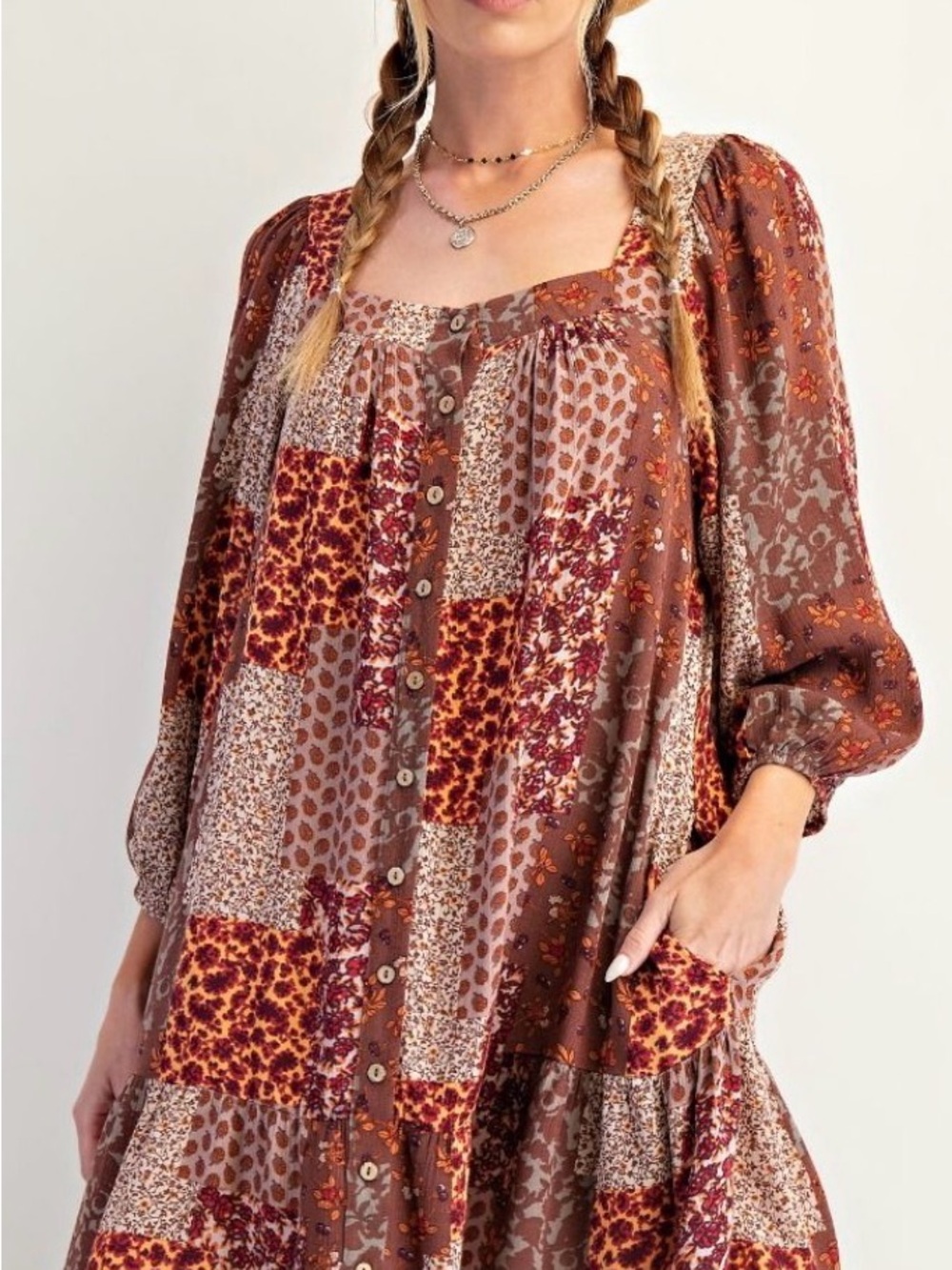 Easel Los Angeles Patchwork Boho Long Sleeve Dress NWT - Picture 4 of 6